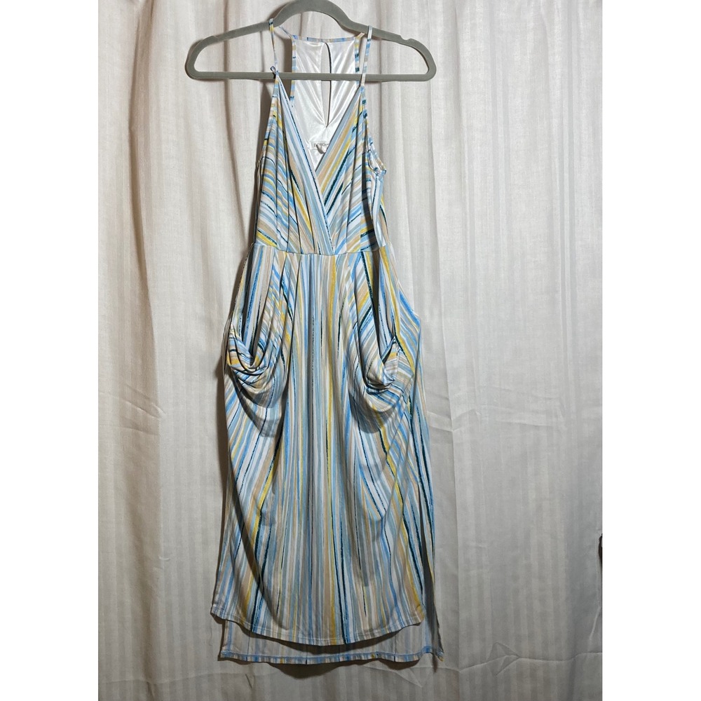 BCBGeneration Blue‎ Yellow Striped Draped Pocket Midi Dress XS Sleeveless V-Neck